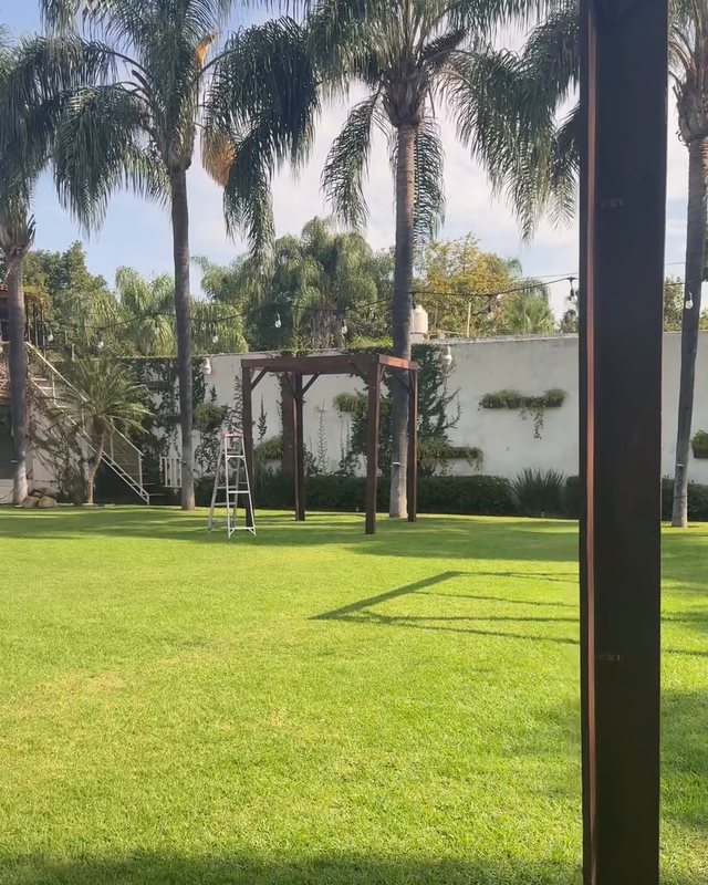Antes: el jardín con pérgolas de madera, vacío por la mañana